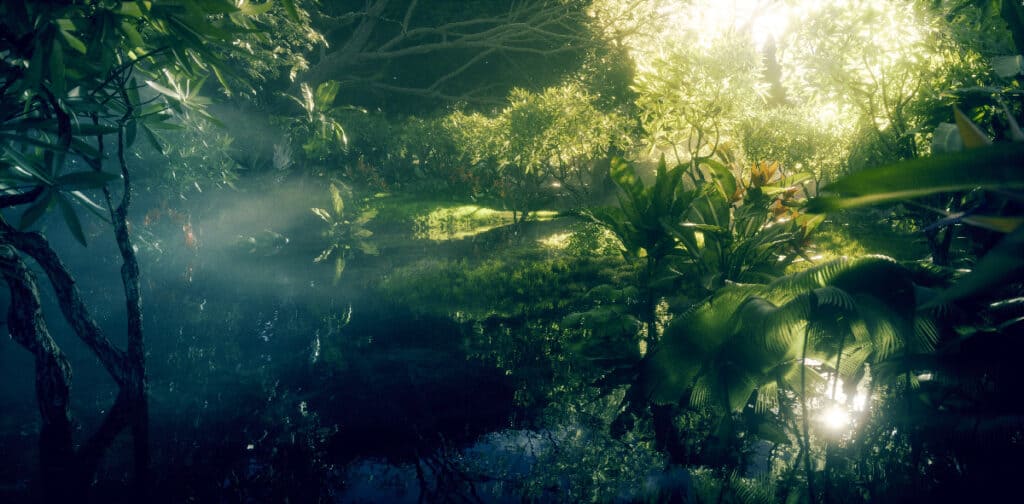 Jungle paradise concept. Deep and dense rainforest vegetation with pond and beautiful sunlight. 3d rendering.